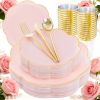 EI 180pcs Pink Plastic Plates with Gold Plastic Silverware,Party Plates Disposable,Pink Dinnerware Set for Afternoon Tea,Wedding,Birthday,Easter