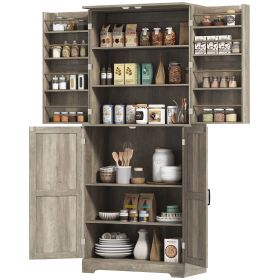 Farmhouse Kitchen Pantry, 72" Tall Pantry Cabinet with 4 Barn Doors, 4 Adjustable Shelves and 8 Door Shelves, Gray Wash